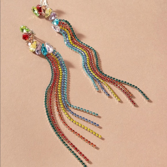 Crystal rhinestones long dangle earrings rainbow - Picture 3 of 4